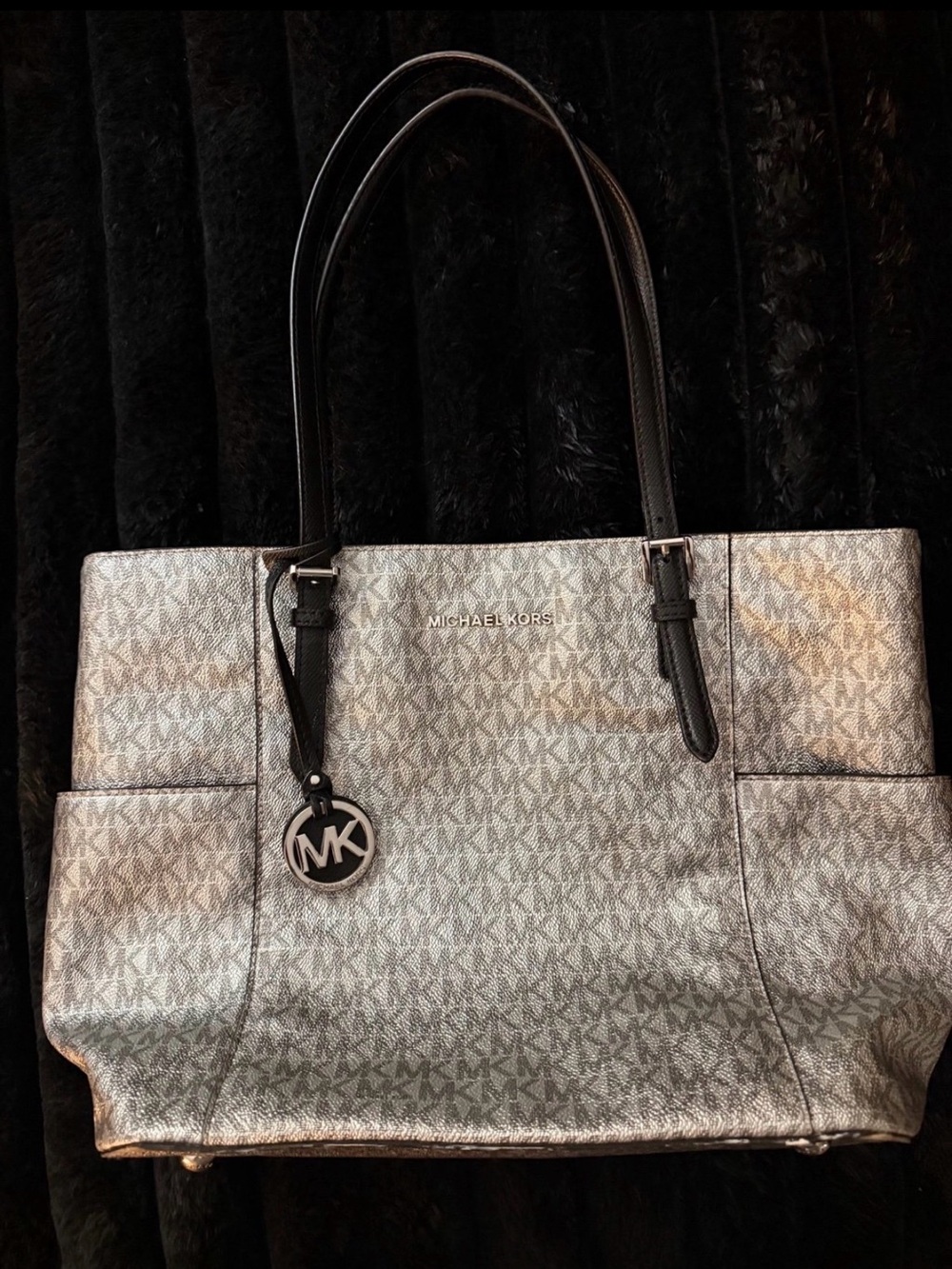 Michael Kors Metallic Silver MK Logo Tote with Black Handles
